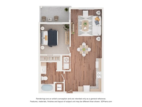 Floor plan for 1 bed, 1 bath, 766 sqft